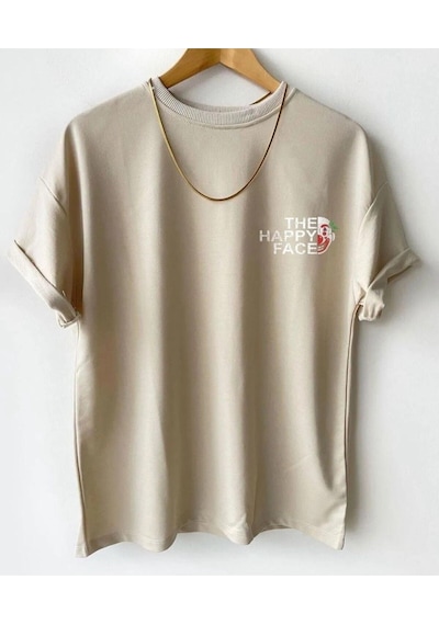 Hırsch Unisex Oversize Bej Bisiklet Yaka The Happy Face Baskılı T-shirt Bej