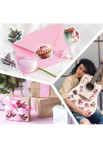 Pembe Yılbaşı Sticker Seti Laptop Ajanda Notebook Defter Duvar Dolap Cam Kapı Pencere Etiket Diğer