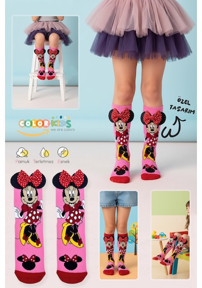 Color Socks 1 Çift Özel Animasyon Karakterli Kurdele Dizaltı Çocuk Çorap Pembe