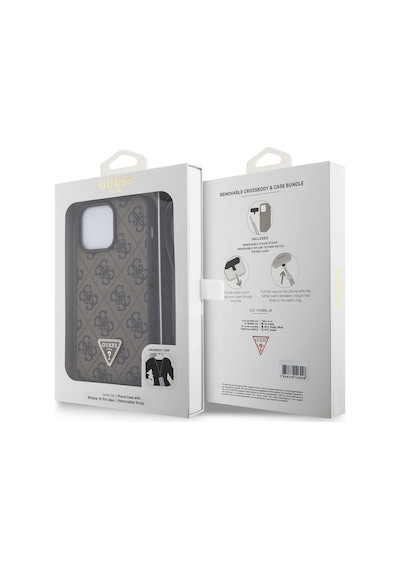 Apple Uyumlu iPhone 15 Pro Max Kılıf Guess Lisanslı Pu Deri Askılı Taşlı Üçgen Logo 4g Strass Crossbody
