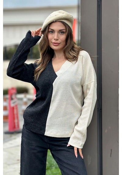 WeShaya Kadın Antrasit & Vizon Günlük Stil V Yaka Bloklu Uzun Kol Kazak Bluz Sweatshirt Antrasit