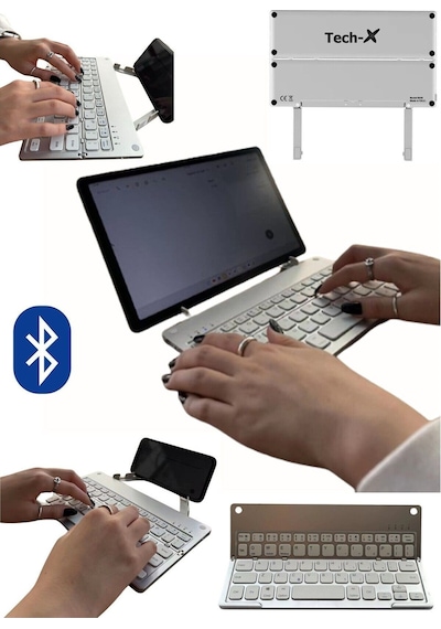 TECH-X Katlanabilir Win/Apple Uyumlu iOS/Android Bluetooth Klavye Telefon Tutucu + Özel Kılıf