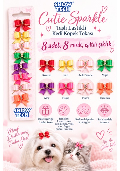 Show Tech Cutie Sparkle Taşlı Lastikli Kedi Köpek Tokası 8 Adetli Paket