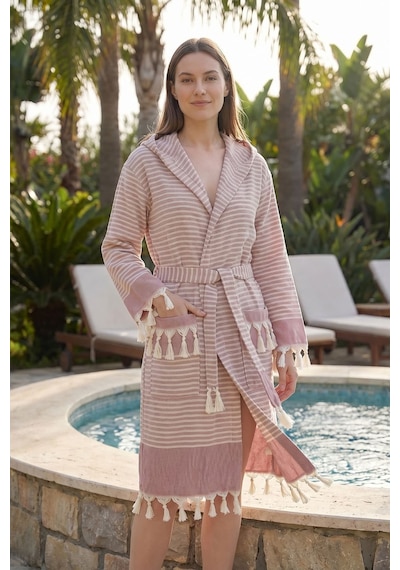 Kapşonlu Unisex Peştemal Plaj Bornozu %100 Pamuklu Seaside Stripe Bordo