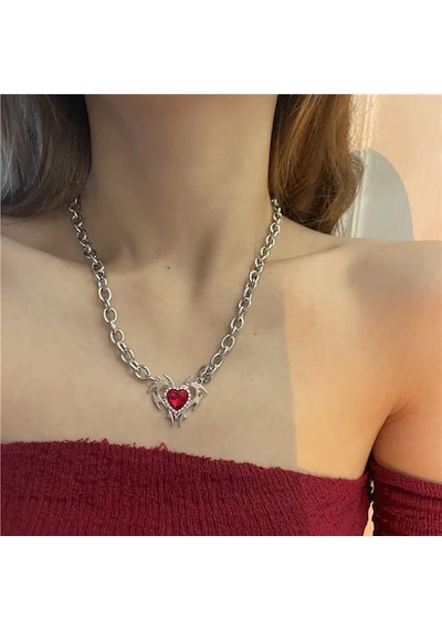 Dükkan Design Gotik Kalp Kolye Kırmızı - Beyaz