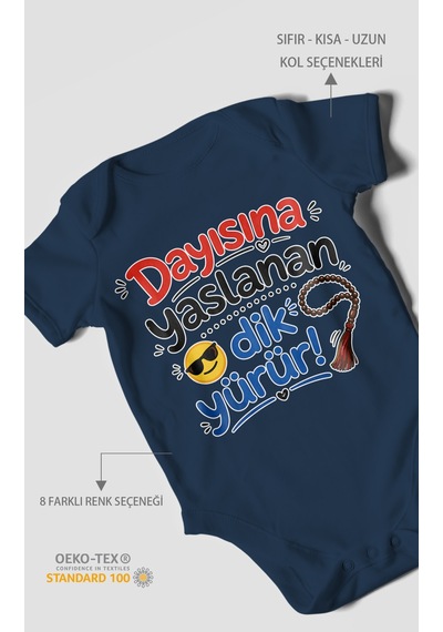 Morivokids Dayısına Yaslanan Dik Yürür Kısa Kollu Bebek Body %100 Pamuk Lacivert