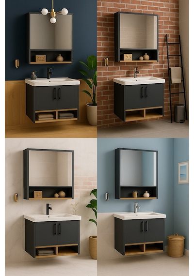 Dmz Home Concept Legna 65 Cm Banyo Dolabı Takımı Antrasit & Ahşap Mdf Seramik Lavabolu Alt Ve Üst Dolaplı