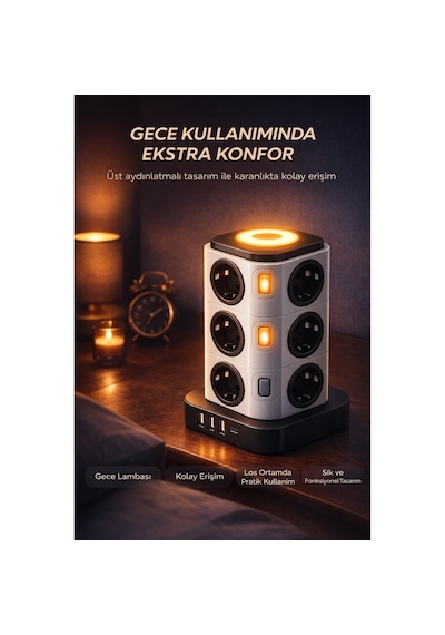 12 Li Kule Tipi Çoklu Priz 3 Usb 1 Type-c Gece Lambalı 3680w Bağımsız Anahtarlı 1 - 3 M