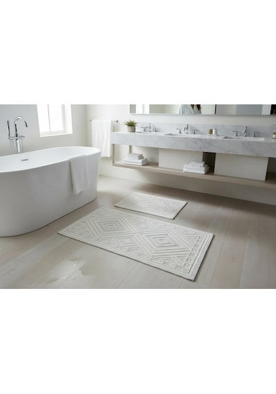 Banyo Pamuk Paspas Seti, Kaymaz Taban, Şık Ve Dayanıklı 60x100 / 60x50 Ölçülerinde Kilim Bukle Set Krem - Gri