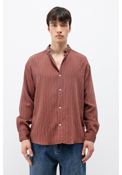 Vamos Çizgili Lyocell Kumaş Oversize Gömlek Bordo