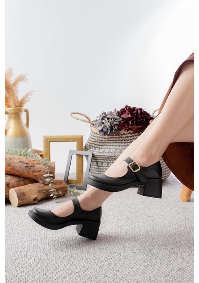 Asmi Shoes Kadın Elisa Siyah Cilt 6 Cm Tek Baletli Topuklu Loafer Ayakkabı Siyah Siyah