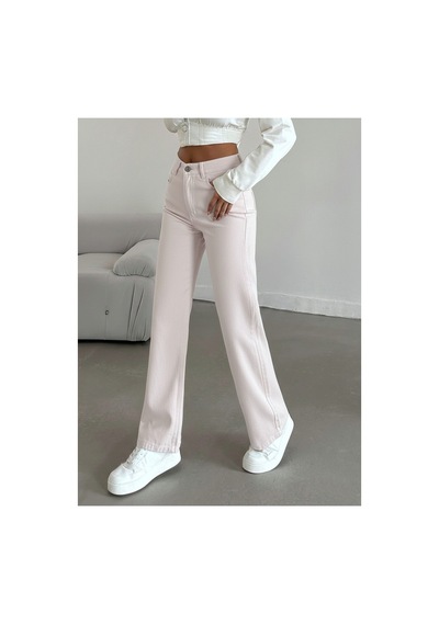 Kene Jeans Yüksek Bel Pudra Keten Bol Paça Tam Kalıp Pantolon Pudra