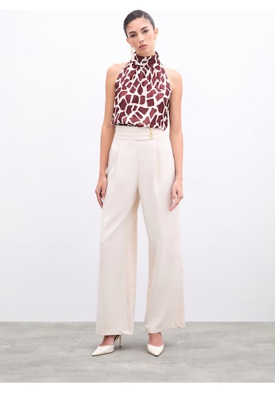 Sateen Boğazlı Kolsuz Bluz - Bej-kahve-135949 Bej-kahve