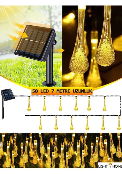 50 Led 7 Metre Sarı Su Damlası Kristal Solar Led Işık Güneş Enerjili Bahçe Teras Balkon Ağaç Lambası Aydınlatma