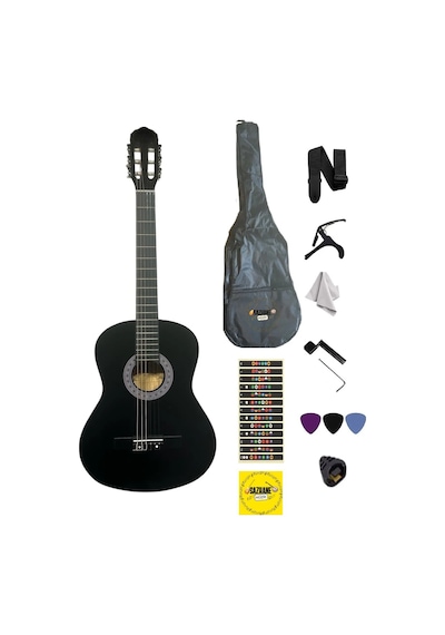 4/4 Tamboy 12 Yaş Üzeri Klasik Gitar Seti Kılıf-pena-çevirgeç-askı-nota Sticker-pena Şarjörü Siyah