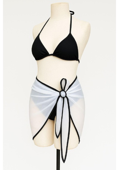 Moda Dua Kadın Siyah Beyaz Pareolu Yandan Ve Boyundan Bağlamalı 3'lü Bikini Takımı