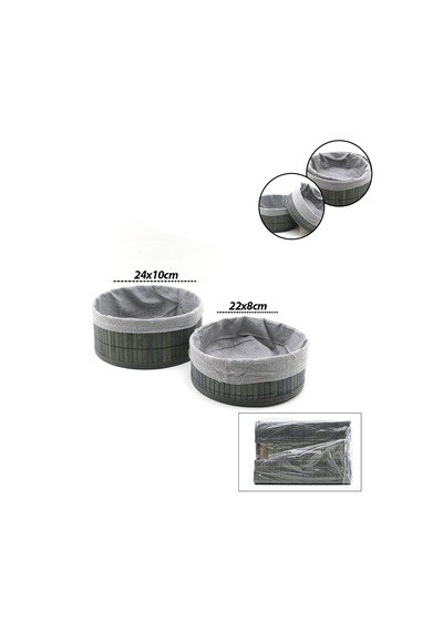 İbico İ22-333 Bambu Kenarlı Yuvarlak Organizer Sepet 2'li Set - Gri Bezli Ahşap Altlıklı