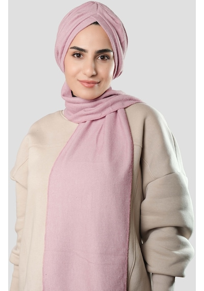 Hürrem Bone Pudra Kışlık Kendinden Atkılı Peluş Tesettür Bone Jakar Düz 2329 06 Pudra