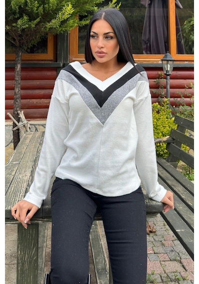 WeShaya Kadın Ekru Uzun Kollu V Yaka Color Block Pamuklu Bluz Sweatshirt Ekru