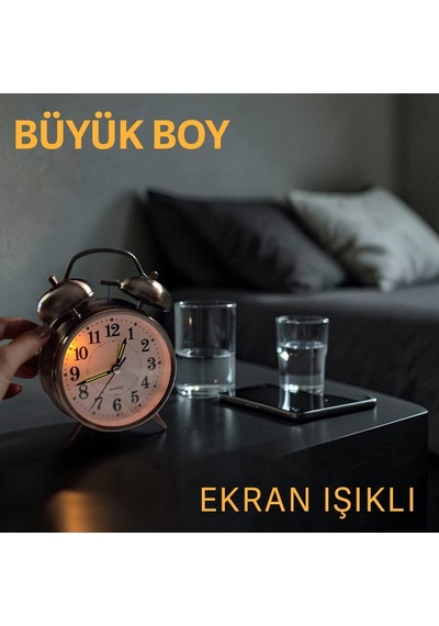 Upway Retro Tarz Bakır Masa Saati Büyük Boy Çanlı Tokmaklı Işıklı Metal Kasalı Bakır