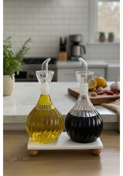 Morponi Mermer Stantlı Borosilikat Cam Tombul Yağlık 2'li Set 900 Ml Şeffaf
