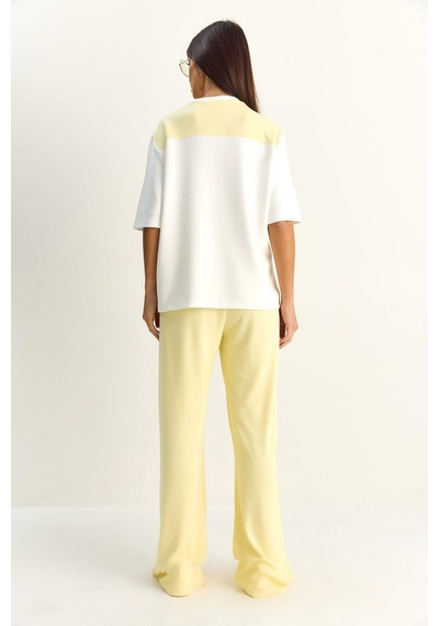 Shade Kadın Şal Detaylı Basic T-shirt Beli Lastikli Bol Pantolon Alt-üst Modal Takım 4116 60286084 - Sarı-beyaz Çok Renkli
