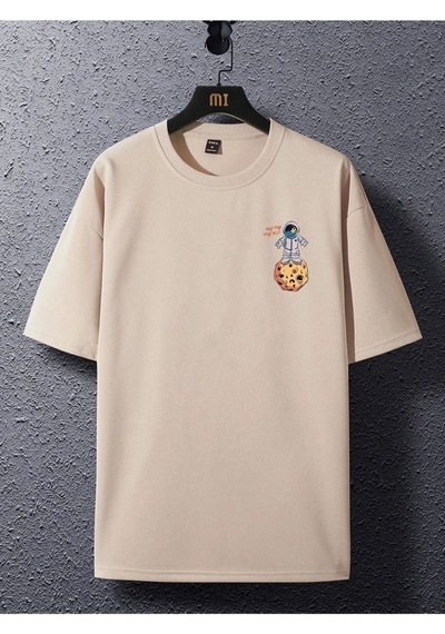 Flood Of Style Unisex Bej The Galaxy Gezegen Baskılı Oversize Bisiklet Yaka Tshirt
