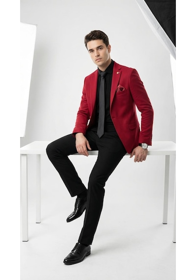 Plus Scorpion Erkek Kırmızı Armürlü Kumaş Blazer Ceket Tek Düğmeli, Mono Yaka, Çift Yırtmaçlı Slim Fit Kırmızı