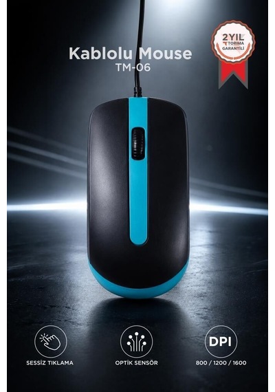 Aksesuar Bilgisayar Günlük Mouse Optik Sessiz Ve Ergonomik Tasarım Kablolu Fare Tm06 Mavi