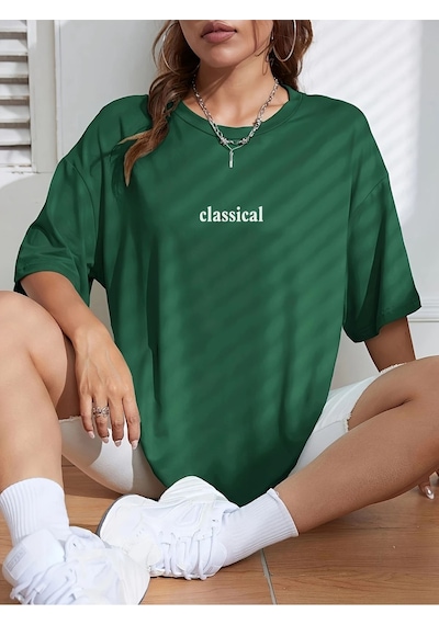 Kadın Yeşil Classical Ön Baskılı Oversize T-shirt Yeşil