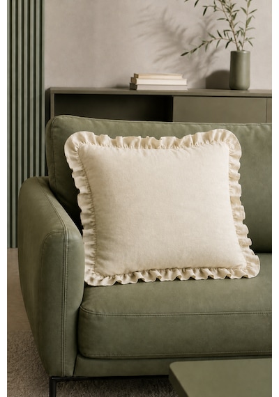 Fırfırlı Düz Krem Dekoratif Kırlent Kılıfı %100 Pamuk Fermuarlı 45x45 Cm Bej