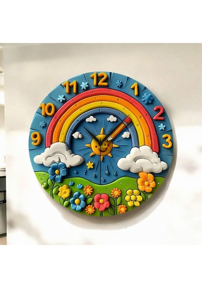 Renkli Baskı Güneş Doğa Çocuk Desenli Sayılı Hediyelik Ahşap Sessiz Duvar Saati 50cm ÇOk Renkli