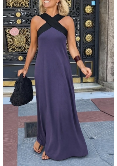 Efnaz Style Kadın Önden Çapraz Detaylı Iki Renkli Uzun Viskon Elbise Gri