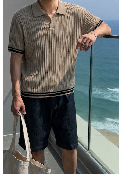 Tarz Cool Oversize Fit Çizgili Triko Polo Yaka Erkek Tişört Ribana Dokulu Premium Yazlık Model Bej