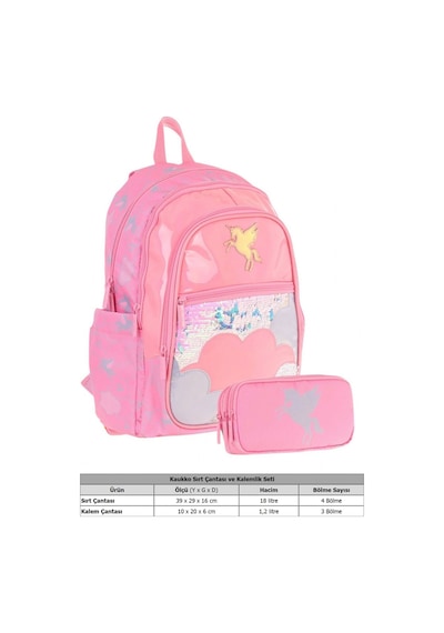 Kaukko Kids Kız Çocuk Okul Çantası Ve Üç Bölmeli Kalemlik Seti Pembe - Pullu Bulut - L5218+l8218 Pembe