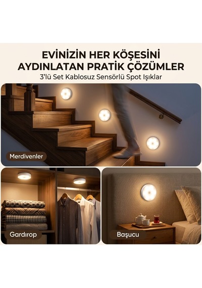 Günışığı Kablosuz Şarjlı Sensörlü Spot Işık 3'lü Set - Yapışkanlı Merdiven, Gardırop, Tezgah Altı Ve Başucu Aydınlatması