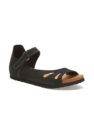 Comfortfusse Daisy - Kadın Ortopedik Hakiki Deri Sandalet Siyah Nubuk Deri