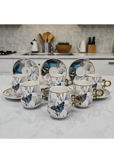 Sudedi Home Floral Renkli Yaldızlı 6 Kişilik Kahve Fincan Takımı Çok Renkli