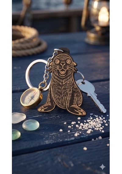 Ahşap Fok Balığı Anahtarlık - Sevimli Kaliforniya Deniz Aslanı Çanta Süsü 5x4 Cm Siyah