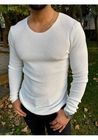 Elku Moda Kazak Örme Tüylenmez Naturel Pamuk Kazak Slim Fit Triko Dar Kesim Body Kazak Beyaz