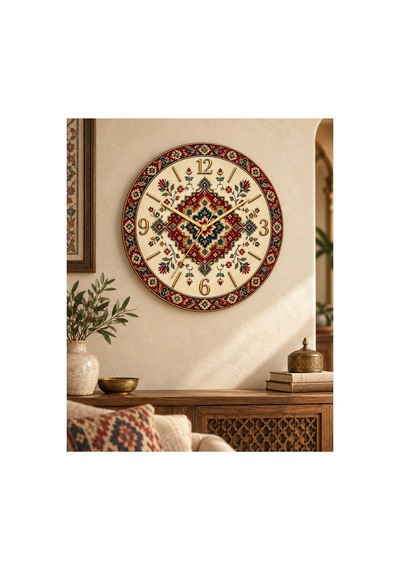 Osmanlı Motifli Etnik Desenli Ahşap 45 Cm Sessiz Akar Mekanizmalı Uv Baskılı Dekoratif Duvar Saati Hediyelik 1002 Çok Renkli