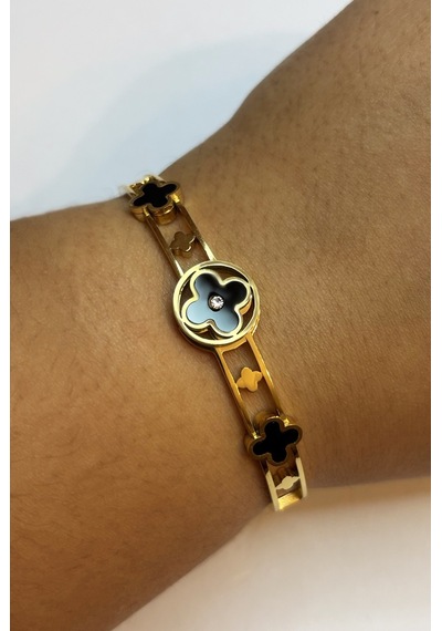 Kadın Siyah Yonca Model Çelik Bilezik Gold