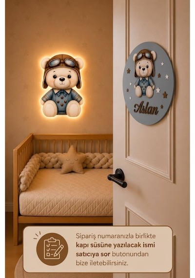 Ahşap İsme Özel Pilli Ledli Gece Lambası Ve Ahşap Kapı Süsü Seti Bebek Çocuk Odası Mavi