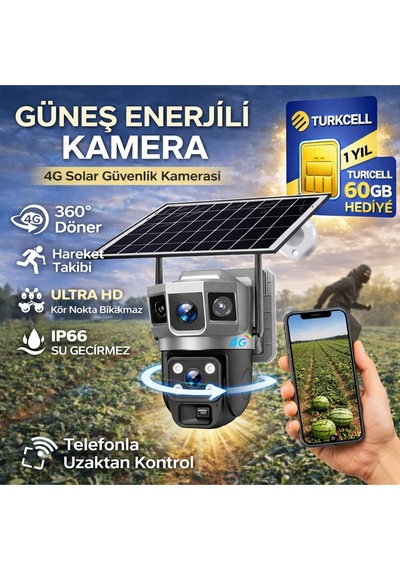 4g 1 Yıl 60 Gb Sım Kartlı Güneş Enerjili 3 Kameralı 360 Döner Güvenlik Kamerası Bahçe Arazi