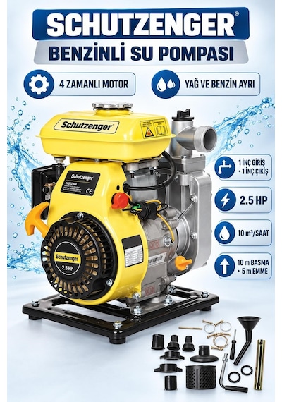 4 Zamanlı Benzinli Su Pompası 2.5 Hq 1 Inç Çıkış 100mt Yatay Atar Tarla Bahçe Sulama 5 Mt Emiş Sarı 7030
