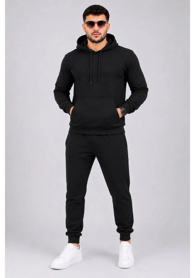 Abluka Online Erkek İki İplik Kapüşonlu Kanguru Cepli Sweatshirt Jogger Pantolon Alt Üst Eşofman Takımı -siyah