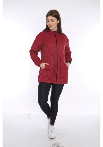 Escetic Kadın Bordo File Astarlı Cepli Kapüşonlu Spor Rüzgarlık Yagmurluk İnce Ceket 6723-3720-bordo Bordo