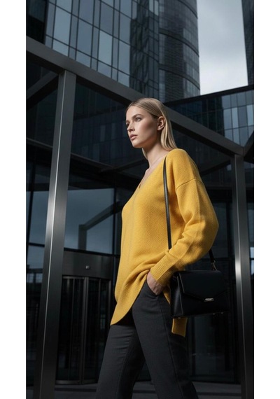 V Yaka Oversize Triko Tunik Sarı Sarı