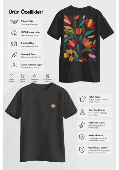Spoyi Modern Flora Tasarımlı %100 Pamuk Yarım Oversize Siyah T-shirt