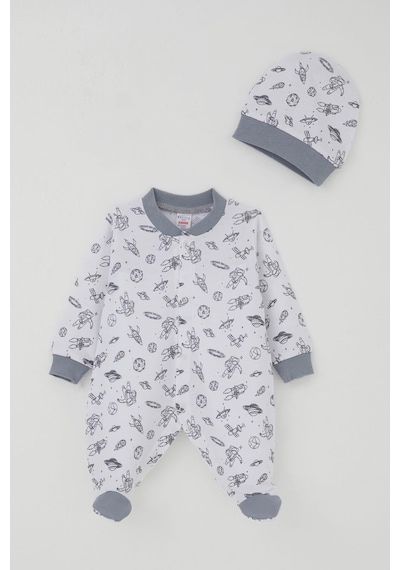 Breeze Erkek Bebek Patikli Tulum Uzay Temalı Minik Astronat Desenli 0-6 Ay, Beyaz